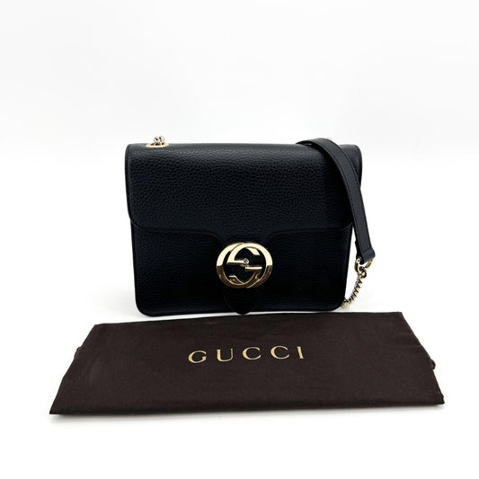 Gucci Interlocking G Small Chain Crossbody Bag Black Gold Hardware