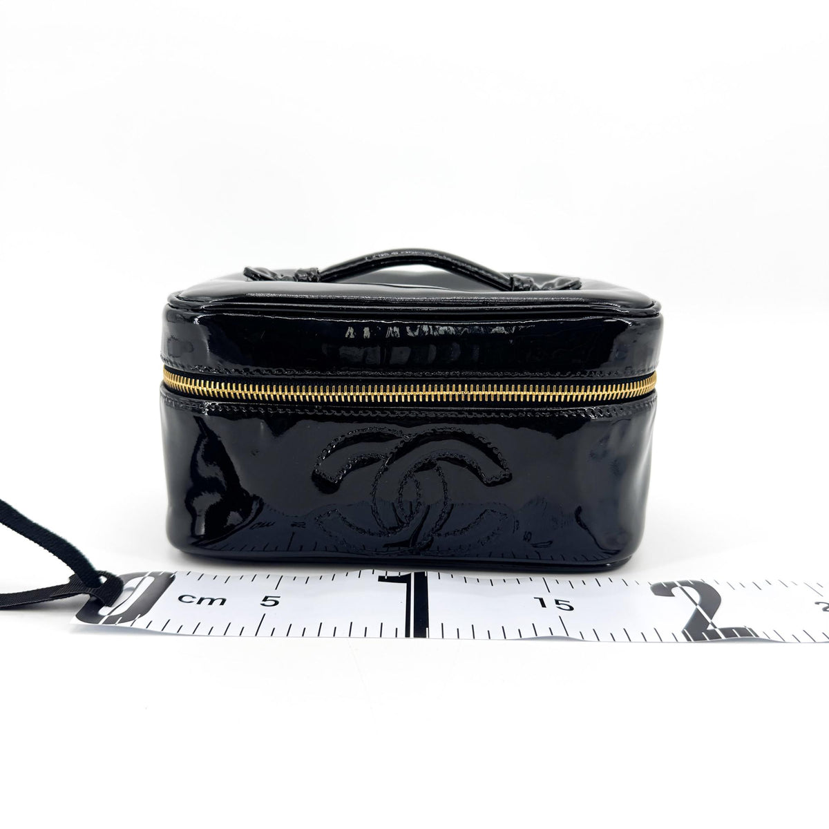 Chanel Vintage Patent Cosmetic Vanity Bag Gold Hardware Black