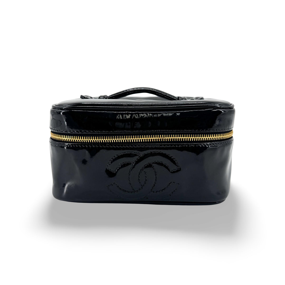 Chanel Vintage Patent Cosmetic Vanity Bag Gold Hardware Black