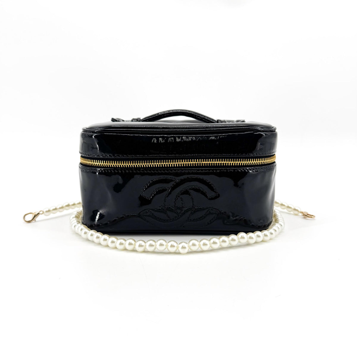 Chanel Vintage Patent Cosmetic Vanity Bag Gold Hardware Black