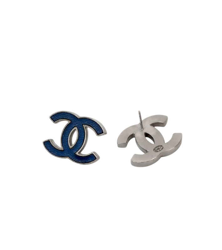 Chanel Blue CC Silver Earrings