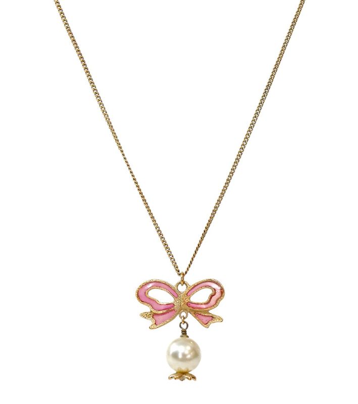 Chanel Pink Ribbon Pearl CC Gold Necklace