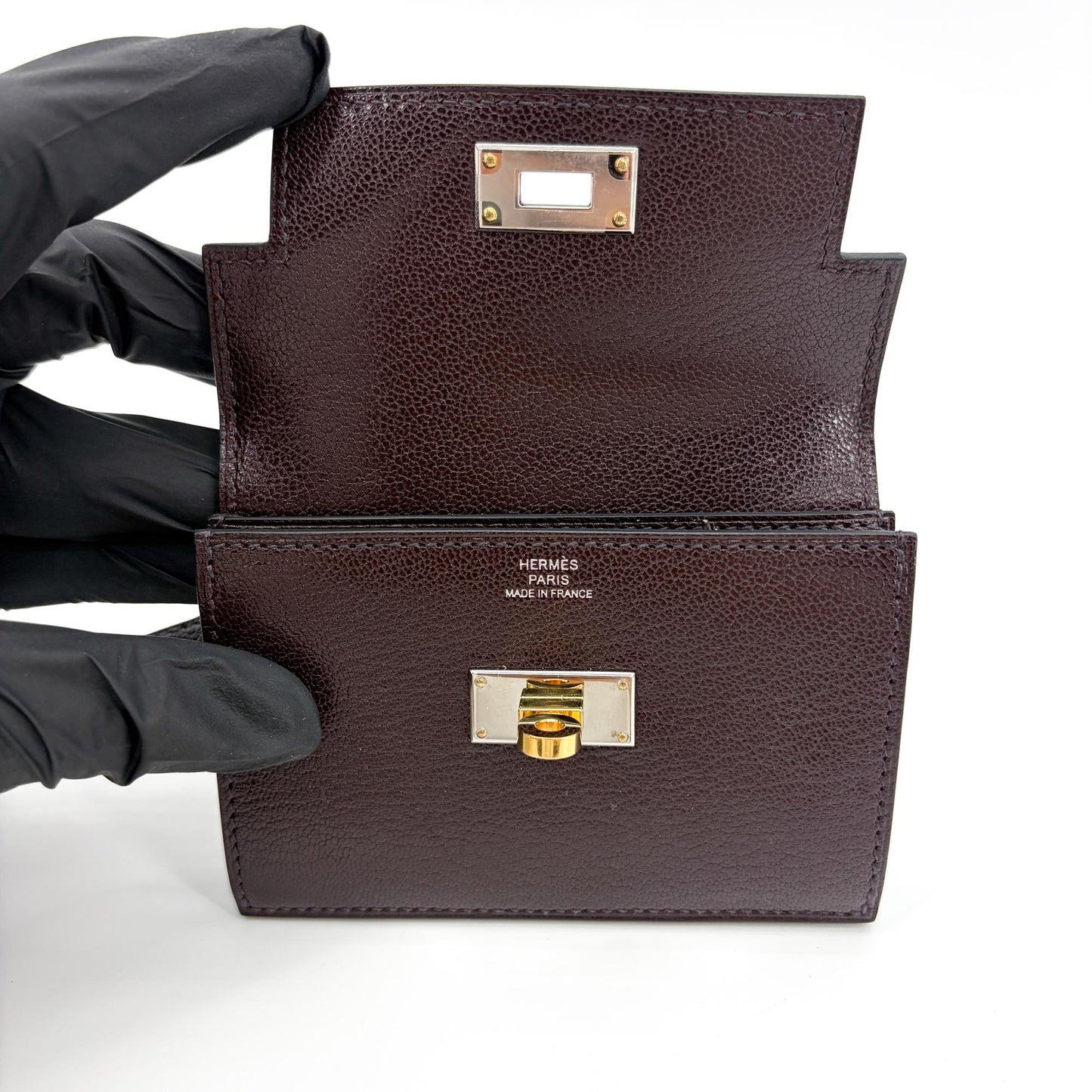 Hermès Kelly Pocket Slim Wallet Goatskin Electrum Hardware Rouge Selier