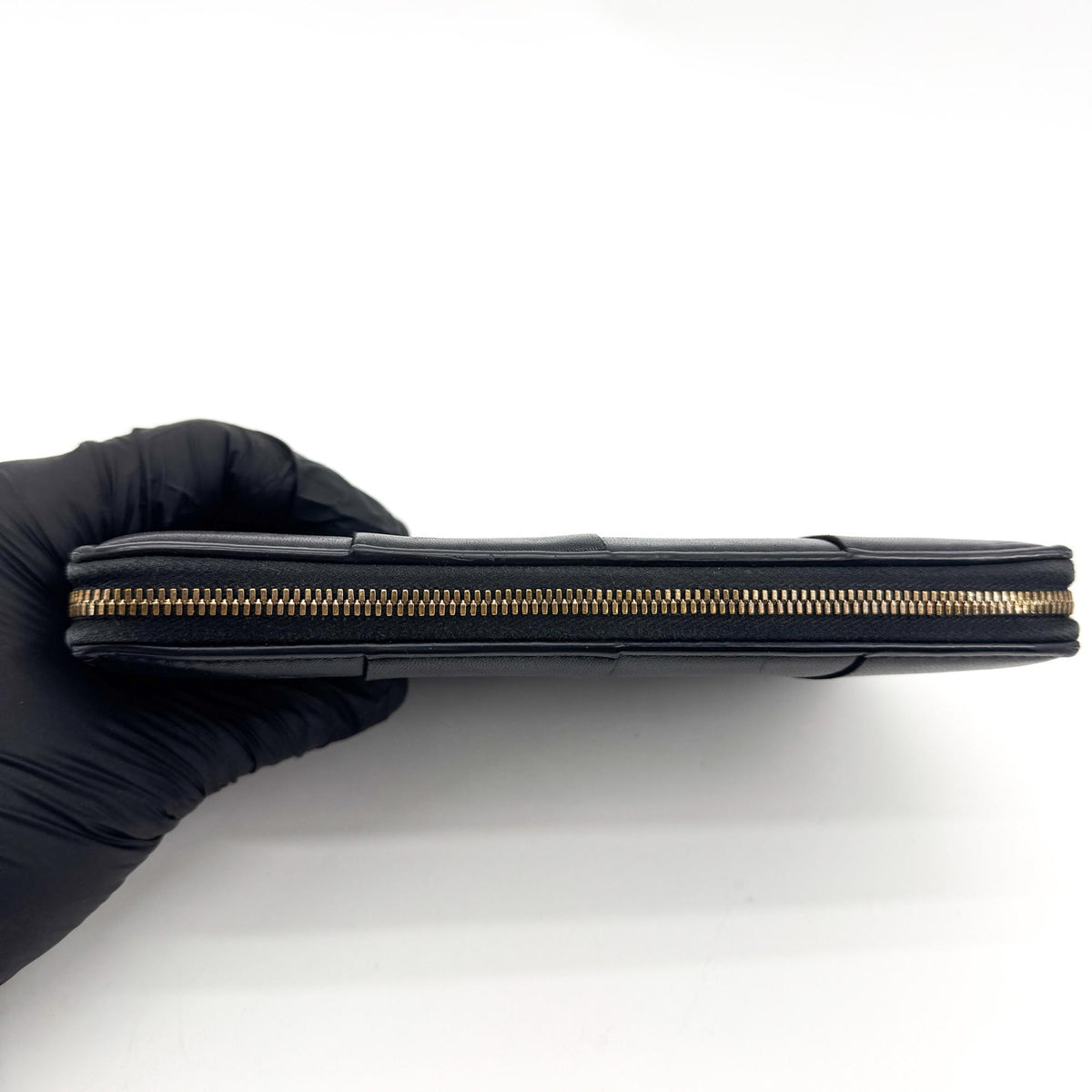Bottega Veneta Cassette Intrecciato Zipper Around Long Wallet Black Gold Hardware