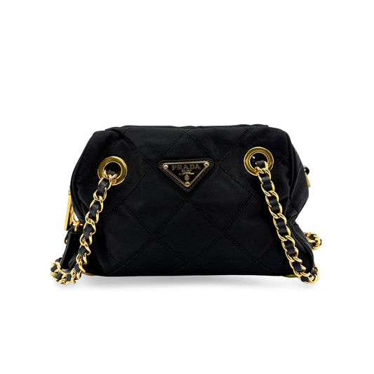 Prada Re-Nylon Quilted Chain Shoulder Bag Black with Gold Hardware