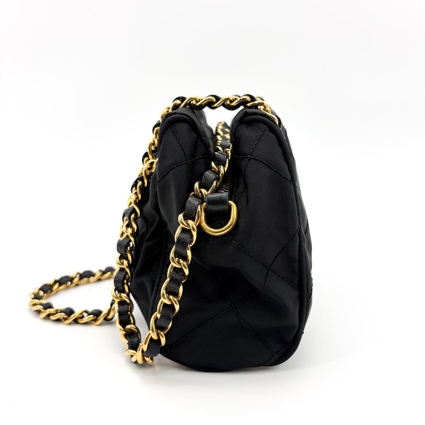 Prada Re-Nylon Quilted Chain Shoulder Bag Black with Gold Hardware