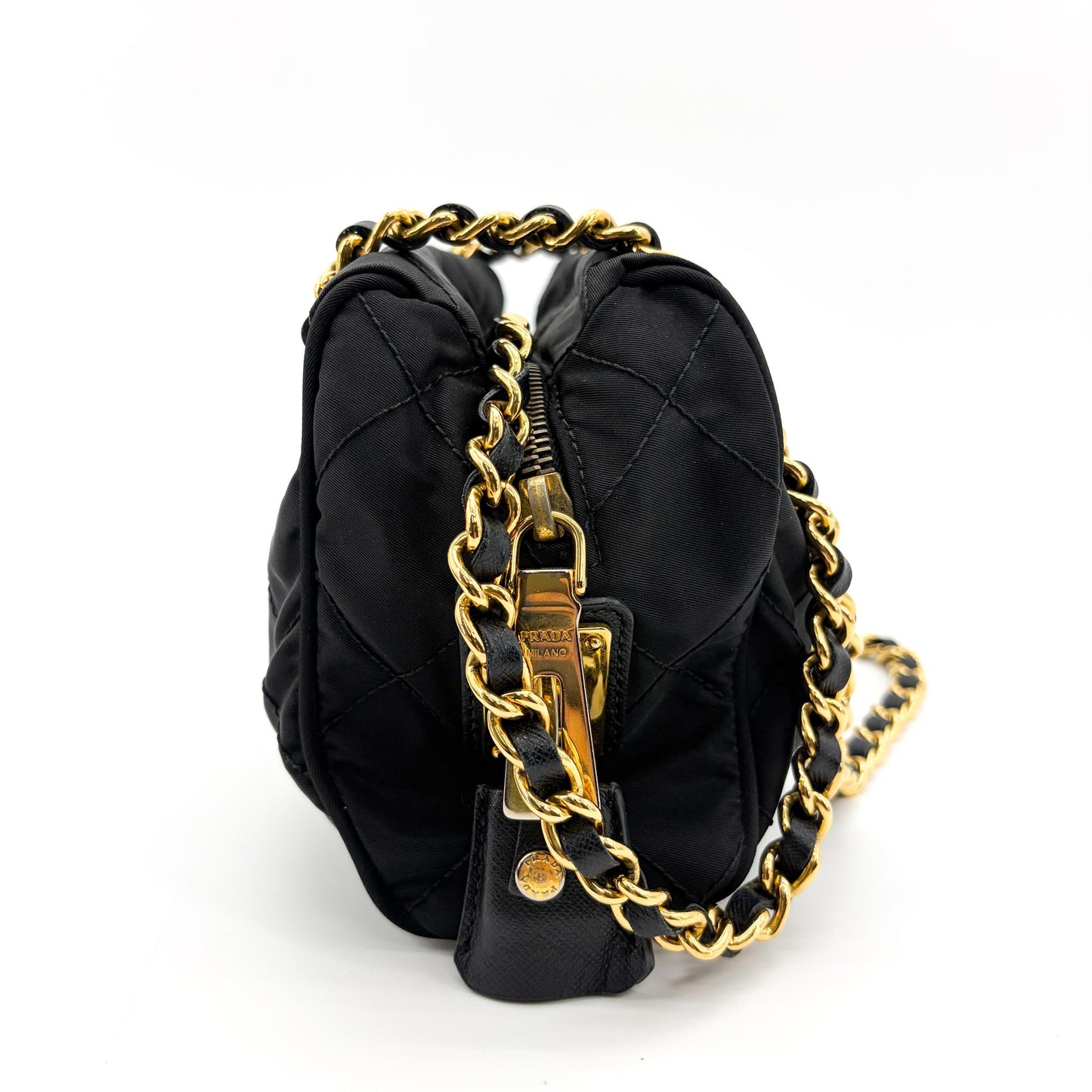 Prada Re-Nylon Quilted Chain Shoulder Bag Black with Gold Hardware