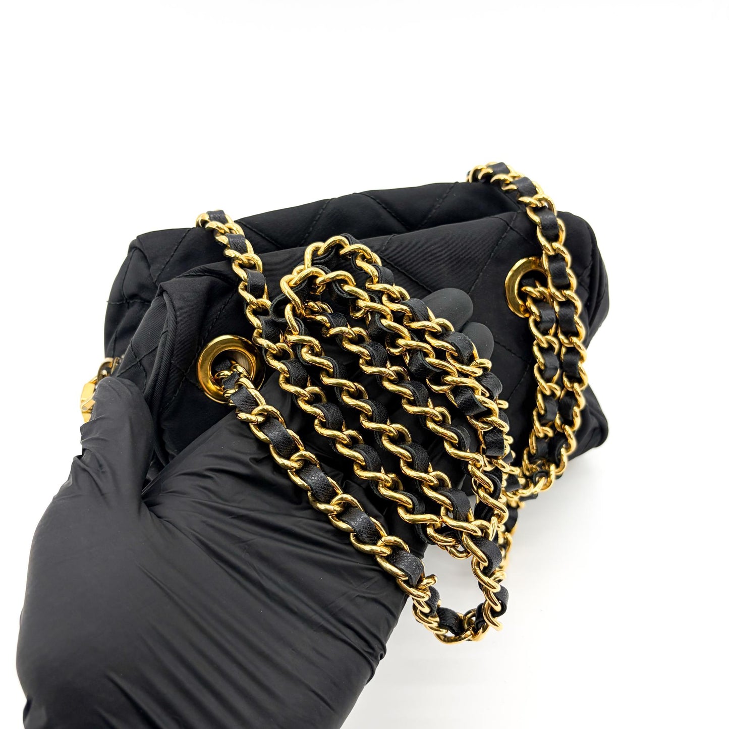 Prada Re-Nylon Quilted Chain Shoulder Bag Black with Gold Hardware