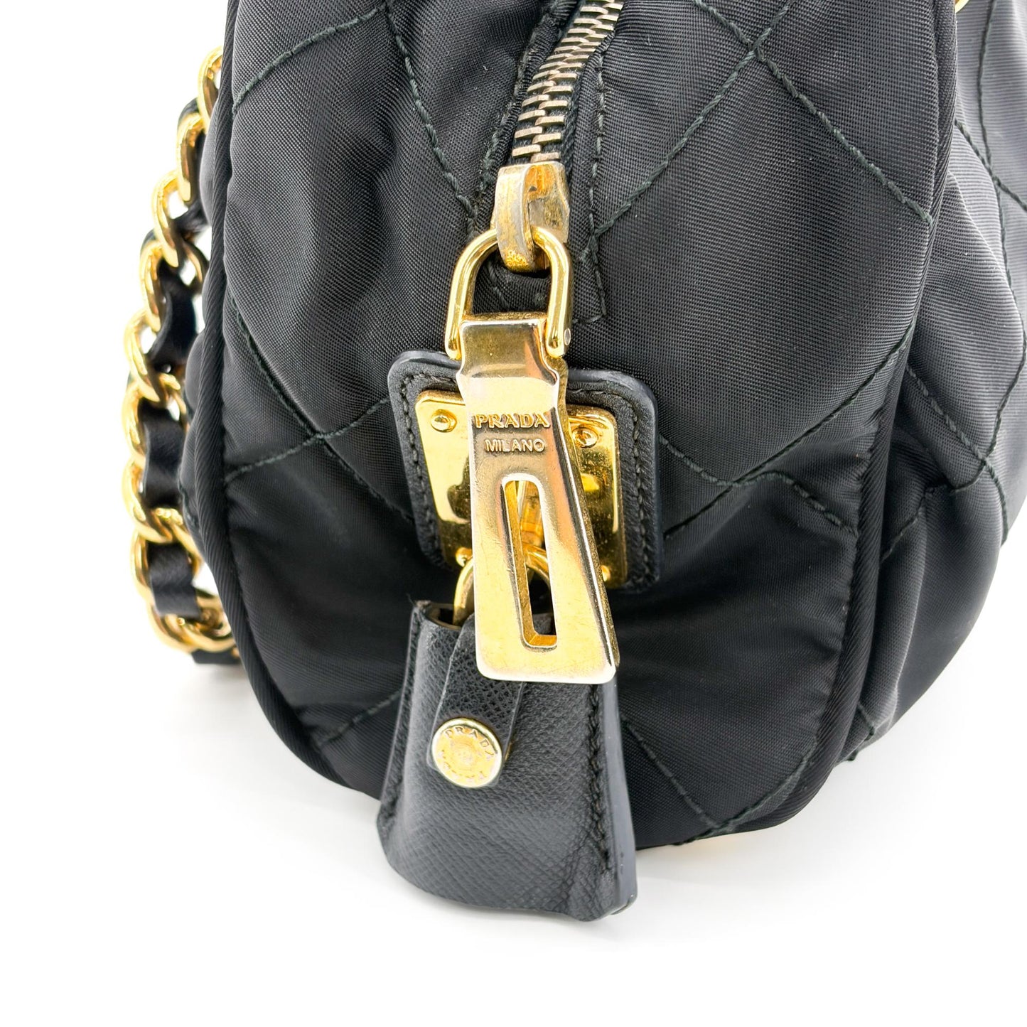 Prada Re-Nylon Quilted Chain Shoulder Bag Black with Gold Hardware