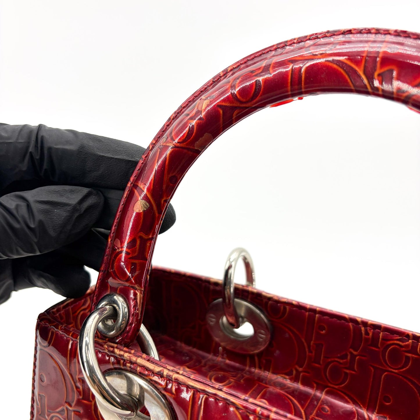 Dior Lady Dior Medium Burgundy Logo Embossed Patent Bag