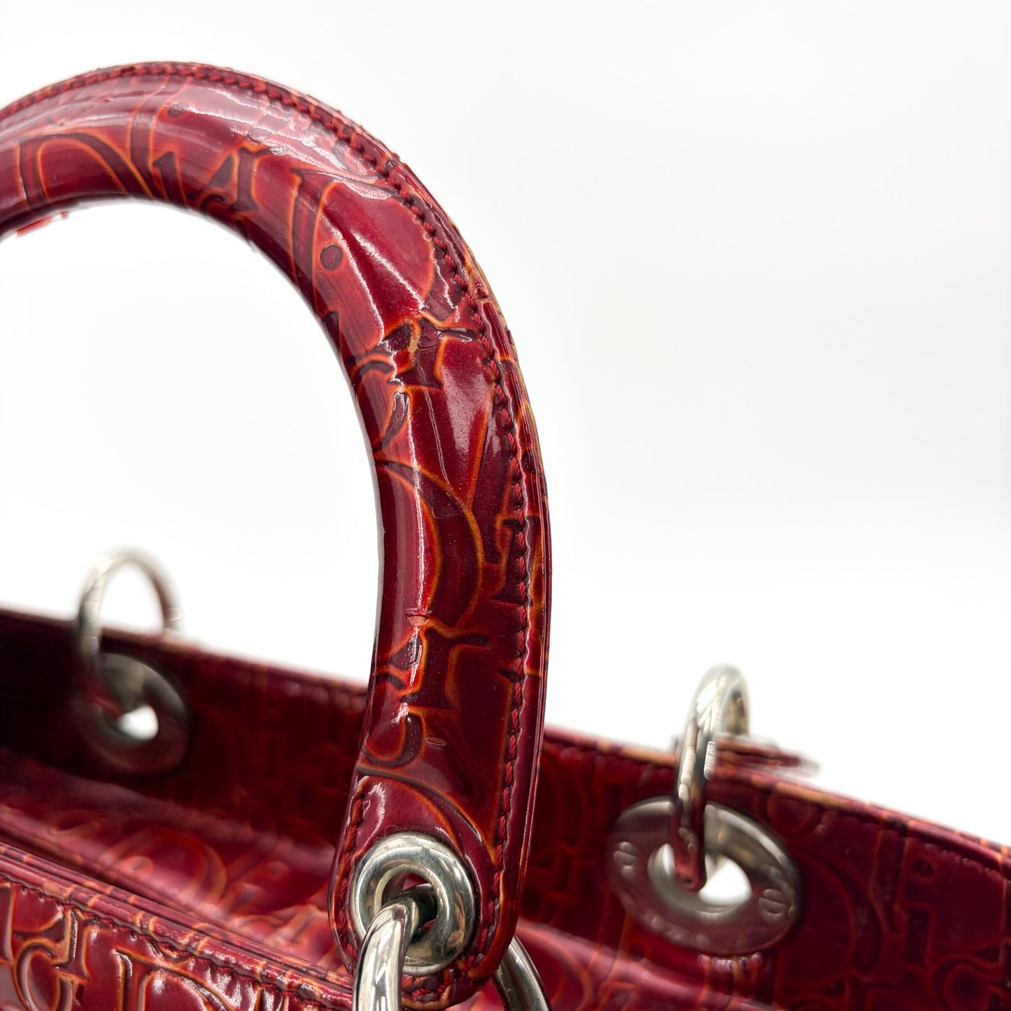 Dior Lady Dior Medium Burgundy Logo Embossed Patent Bag