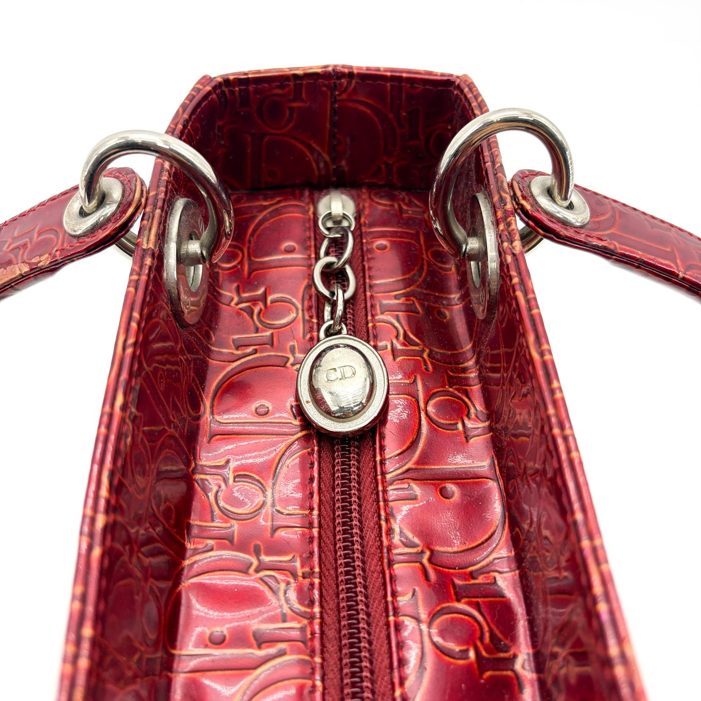 Dior Lady Dior Medium Burgundy Logo Embossed Patent Bag