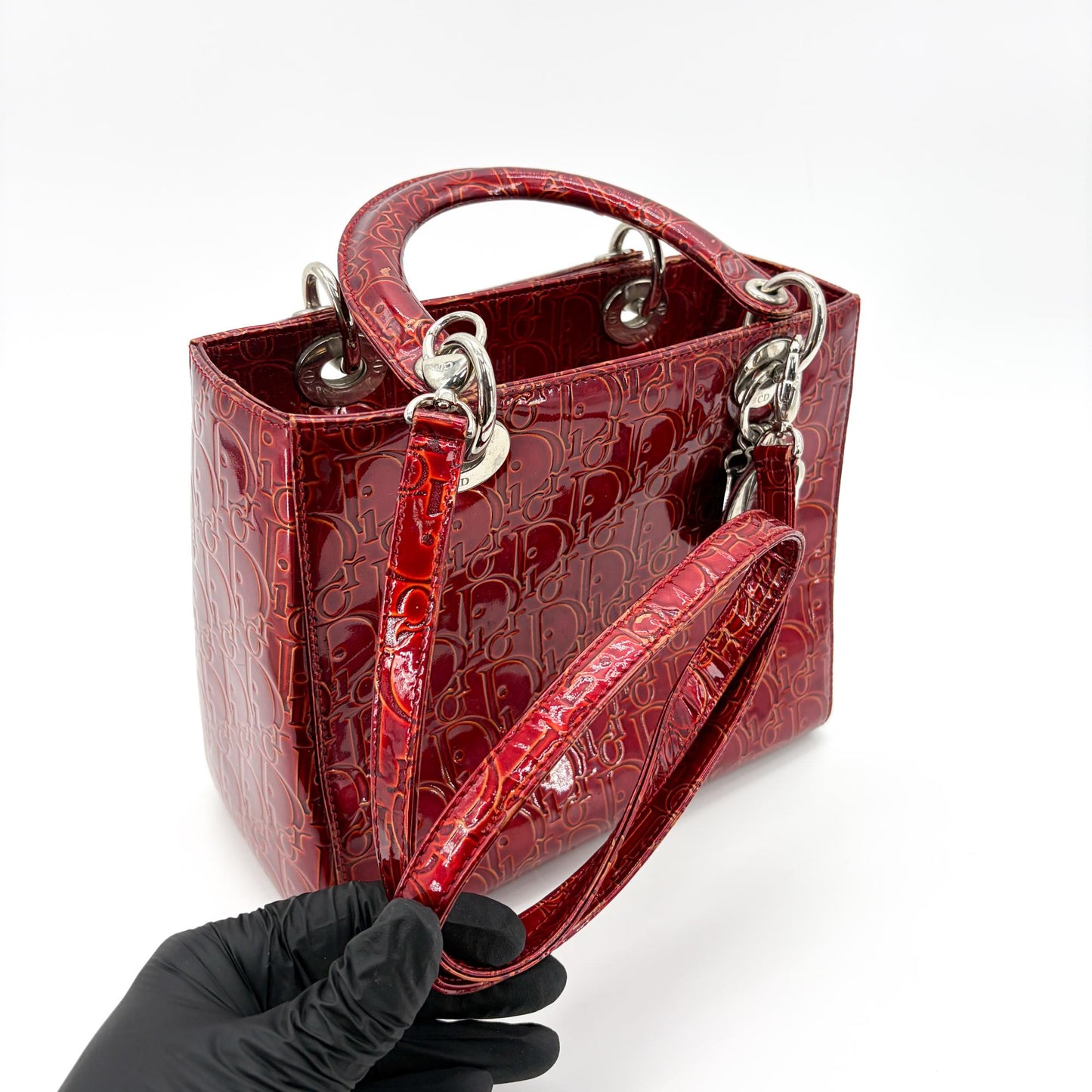 Dior Lady Dior Medium Burgundy Logo Embossed Patent Bag
