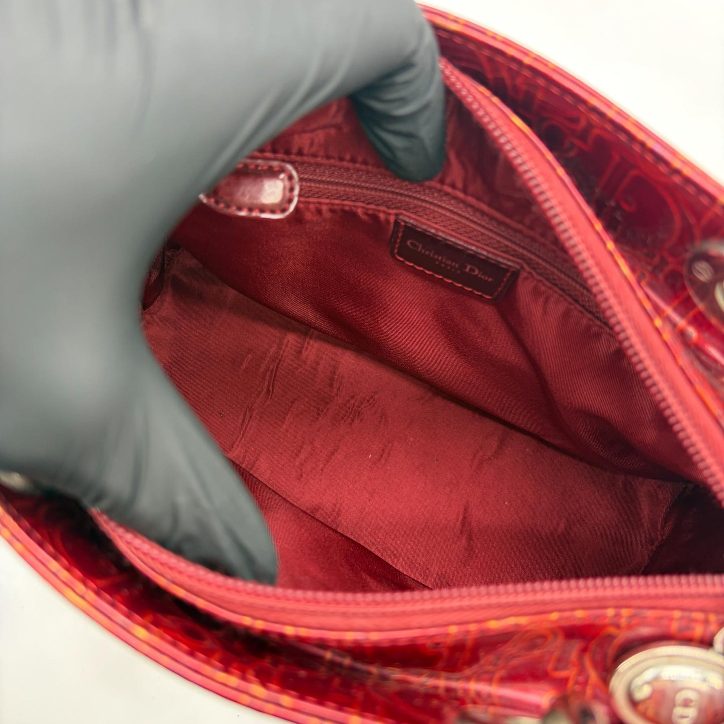 Dior Lady Dior Medium Burgundy Logo Embossed Patent Bag