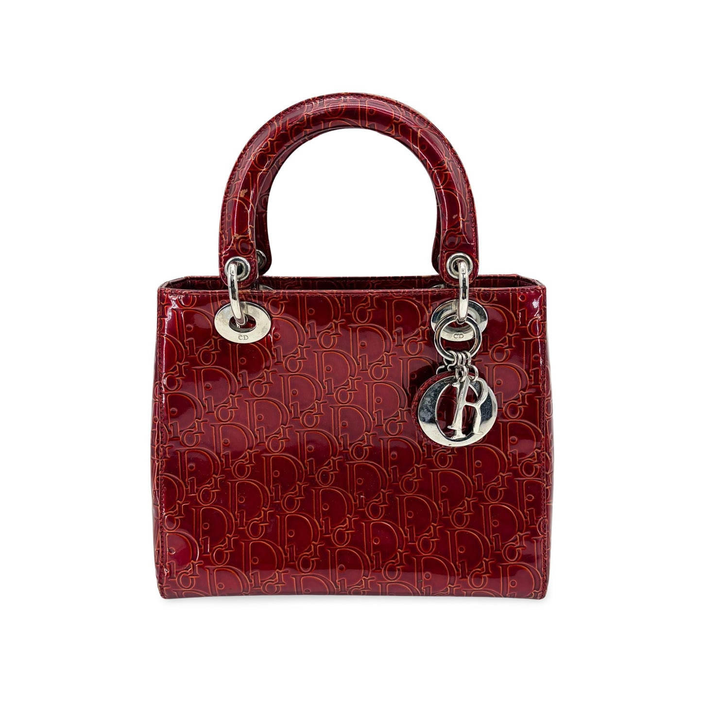 Dior Lady Dior Medium Burgundy Logo Embossed Patent Bag