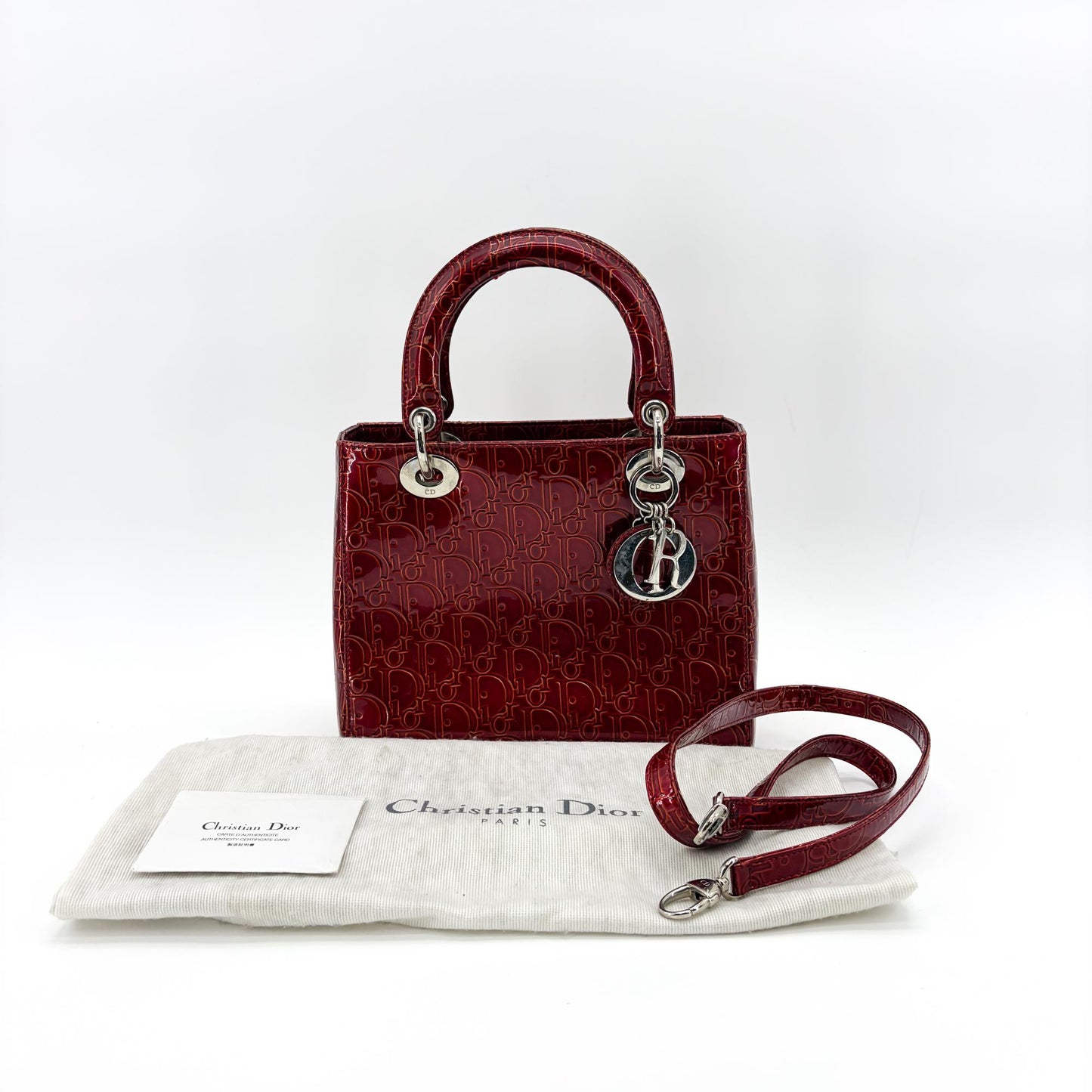 Dior Lady Dior Medium Burgundy Logo Embossed Patent Bag
