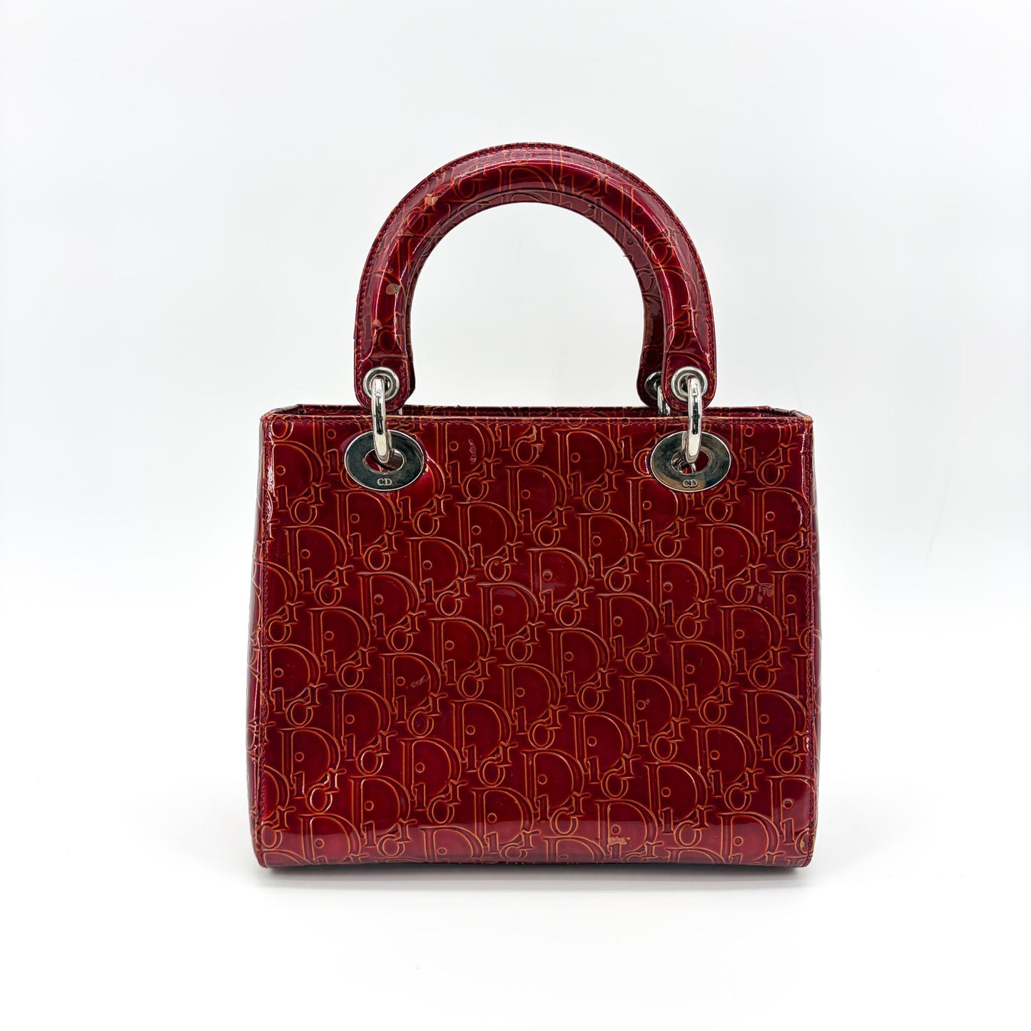 Dior Lady Dior Medium Burgundy Logo Embossed Patent Bag