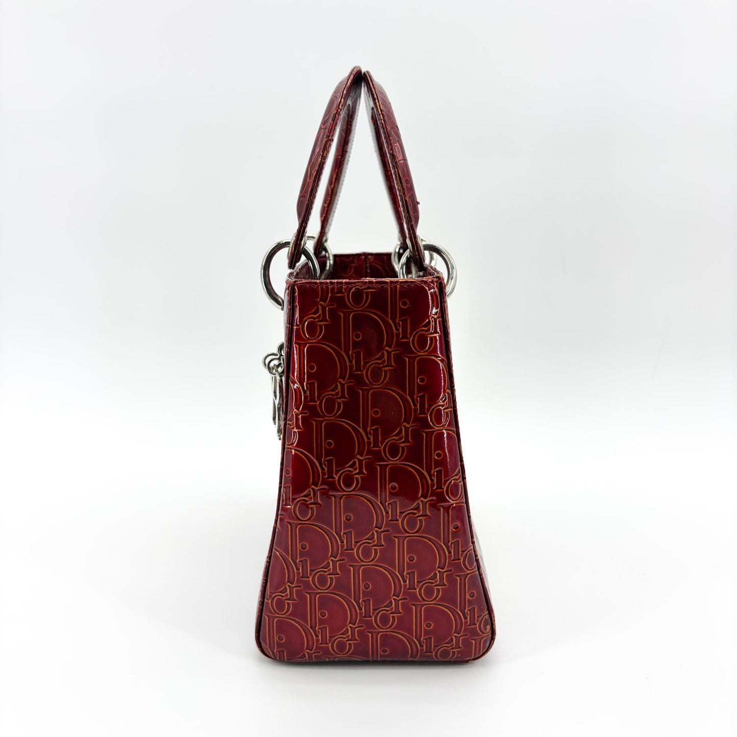 Dior Lady Dior Medium Burgundy Logo Embossed Patent Bag