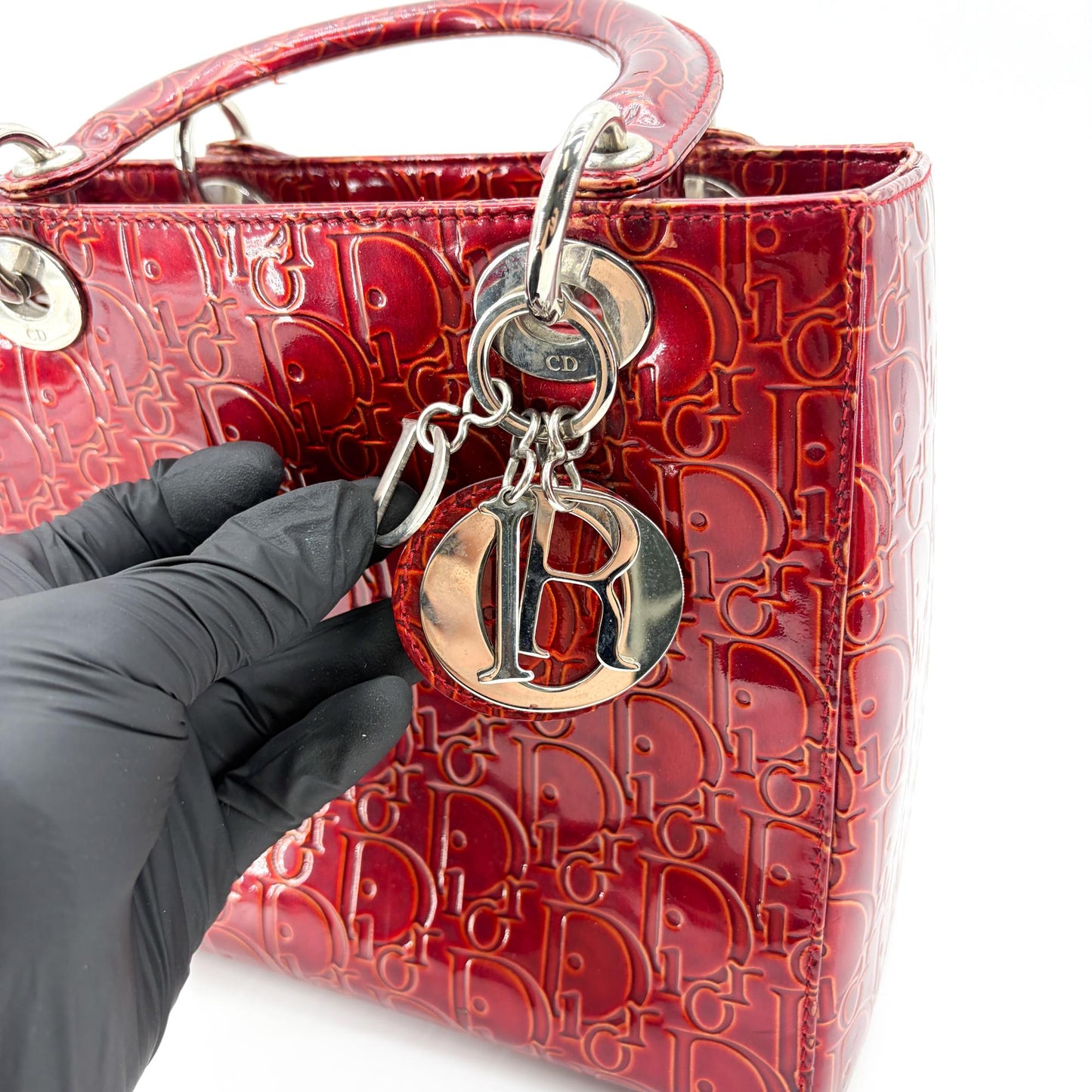Dior Lady Dior Medium Burgundy Logo Embossed Patent Bag