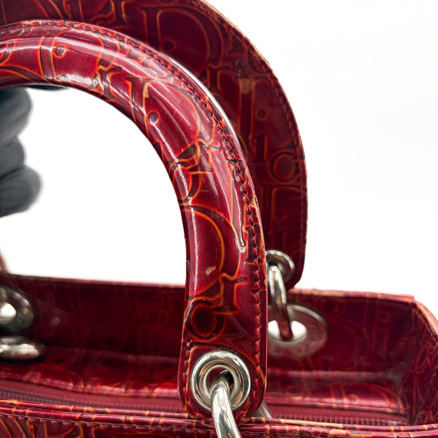 Dior Lady Dior Medium Burgundy Logo Embossed Patent Bag