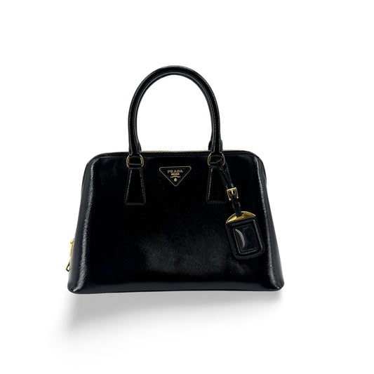 Prada Saffiano Luxe Top Handle Tote Bag Gold Hardware Black