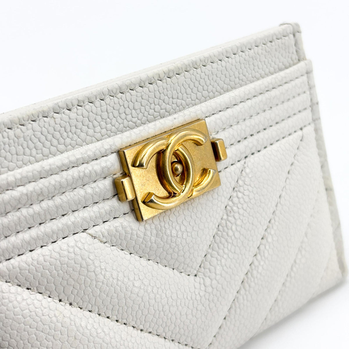 Chanel Boy Chevron Card Holder White Caviar Gold Hardware