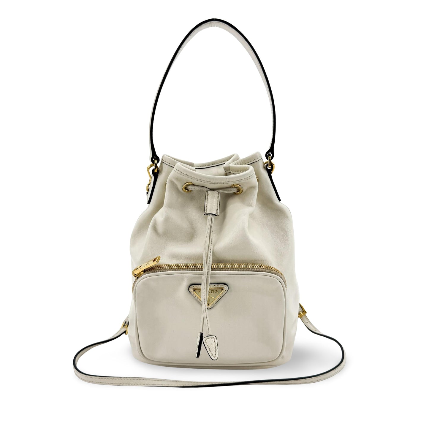 Prada Leather Duet Bucket Bag White Gold Hardware