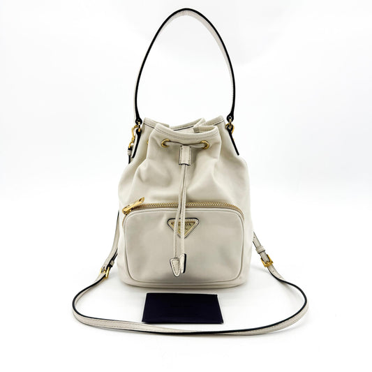 Prada Leather Duet Bucket Bag White Gold Hardware