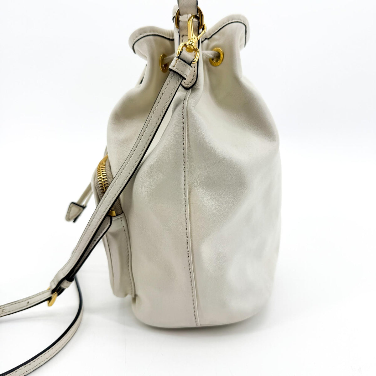 Prada Leather Duet Bucket Bag White Gold Hardware