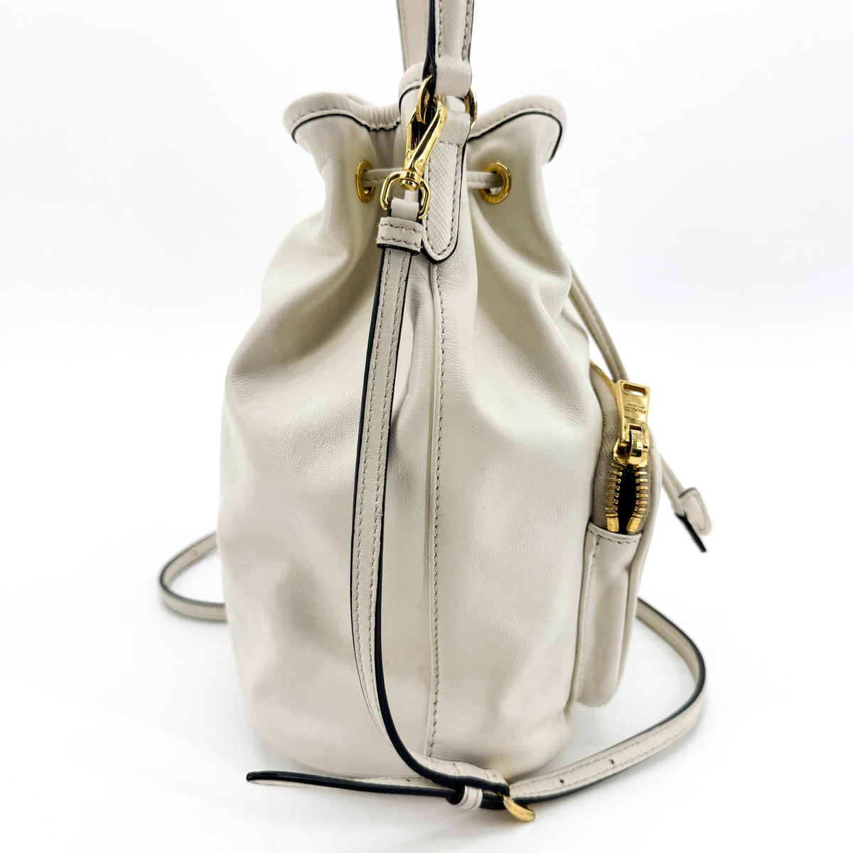 Prada Leather Duet Bucket Bag White Gold Hardware