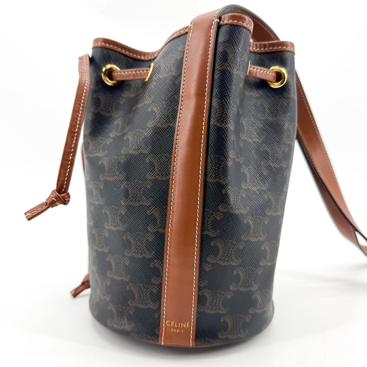 Celine Triomphe Canvas Small Bucket Bag Tan