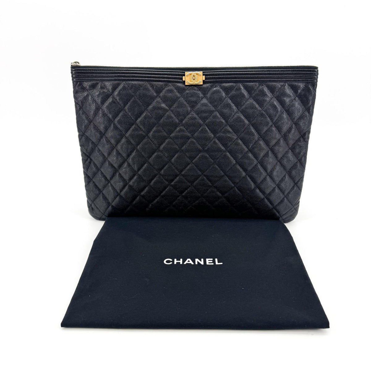 Chanel Boy Caviar Large Clutch Gold Hardware Black