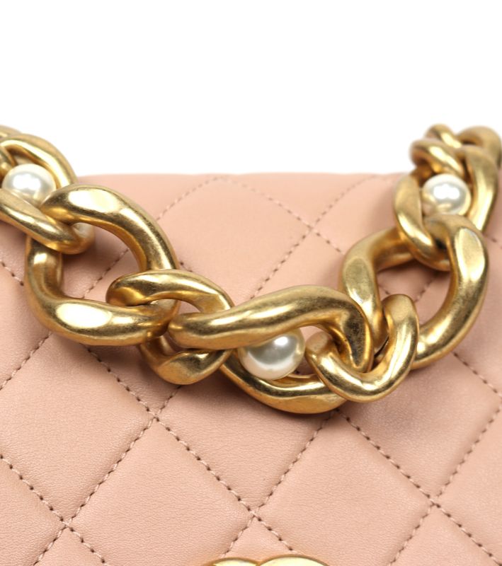 Chanel Pink Leather Triple Pearl Chain Flap Bag