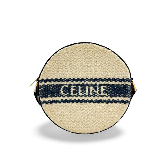Celine Textile and Calfskin Round Coin Purse Natural Navy