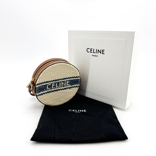 Celine Textile and Calfskin Round Coin Purse Natural Navy