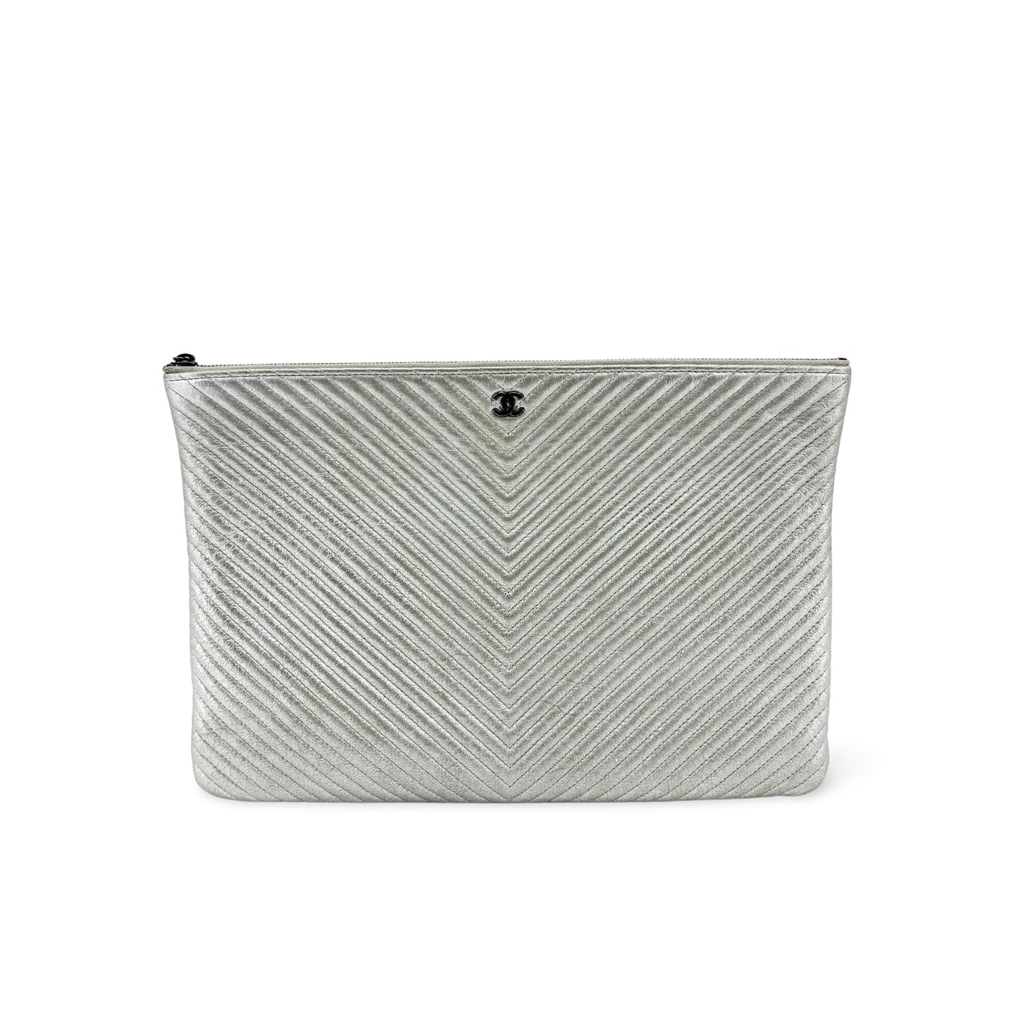Chanel Chevron Metallic Large O-Case Silver