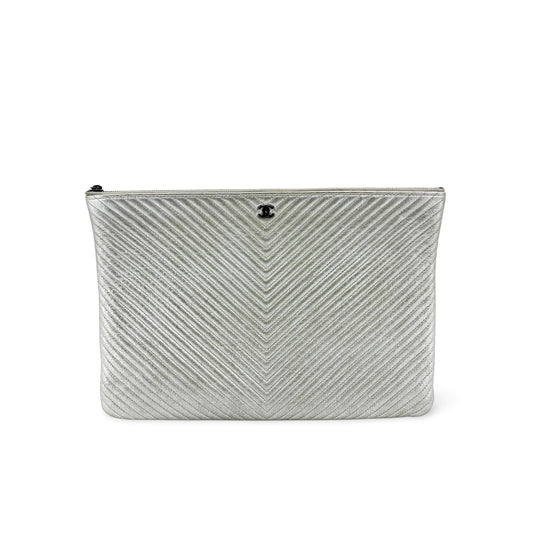 Chanel Chevron Metallic Large O-Case Silver
