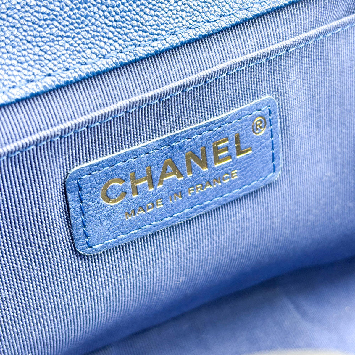 Chanel Boy Medium Flap Bag Champagne Gold Blue Caviar