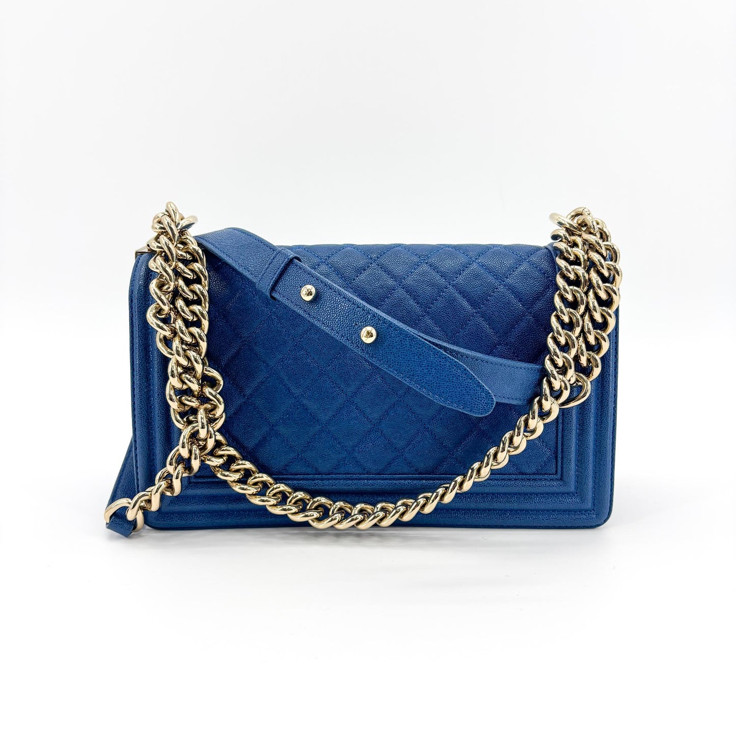 Chanel Boy Medium Flap Bag Champagne Gold Blue Caviar