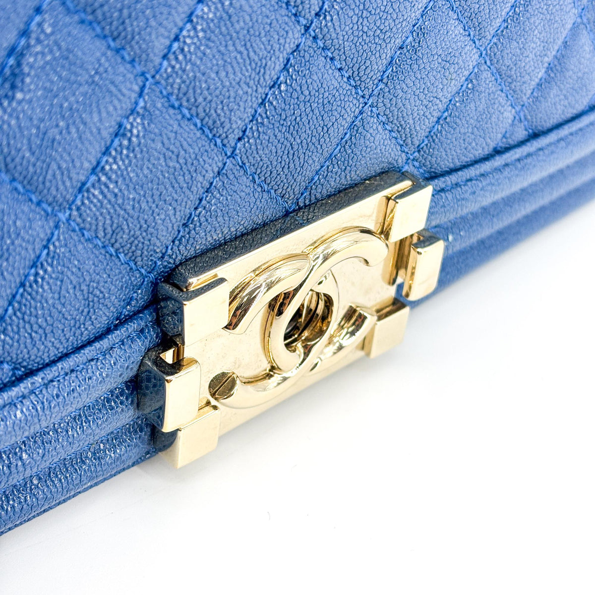 Chanel Boy Medium Flap Bag Champagne Gold Blue Caviar