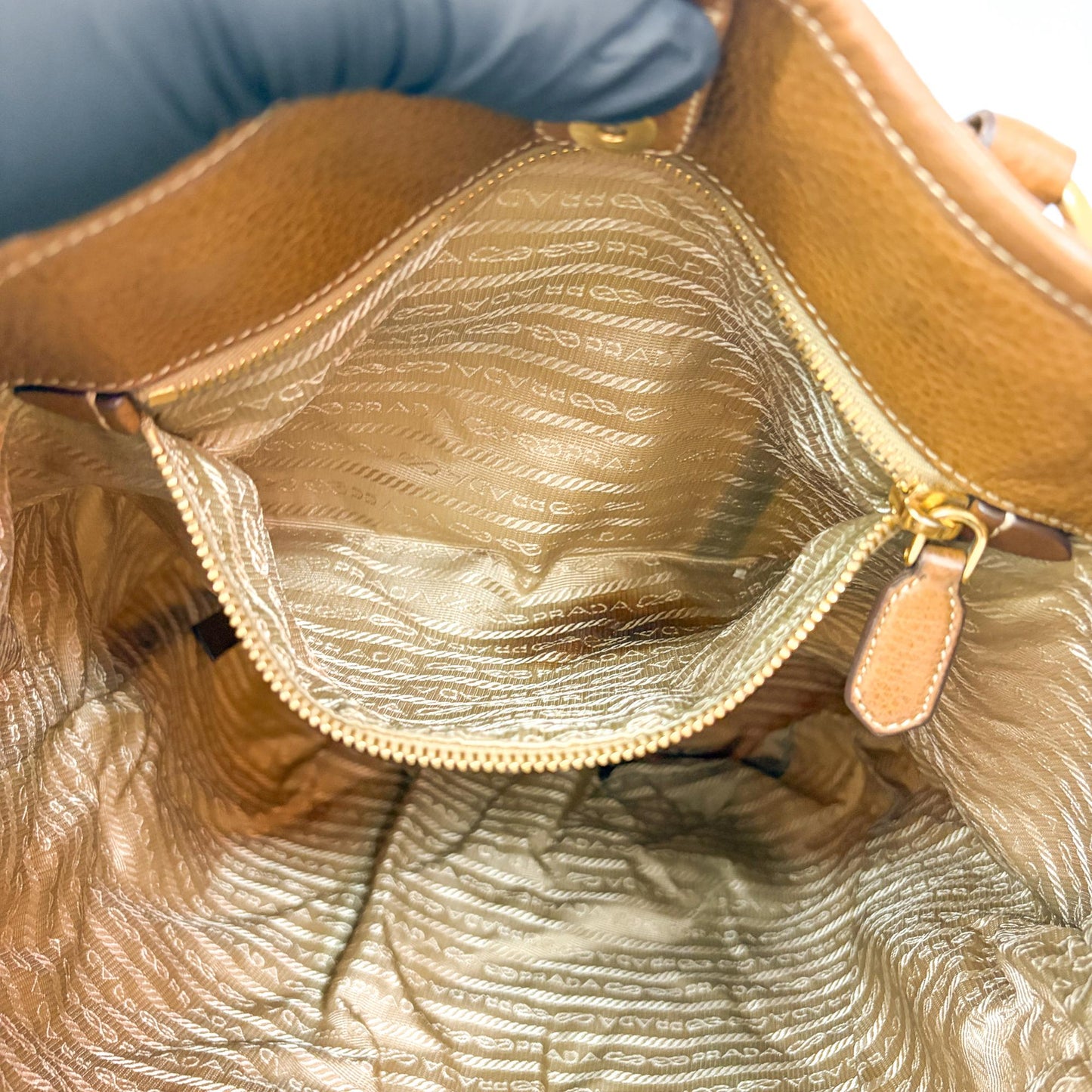 Prada Tessuto Nylon Leather Trimmed Tote Bag Beige Brown