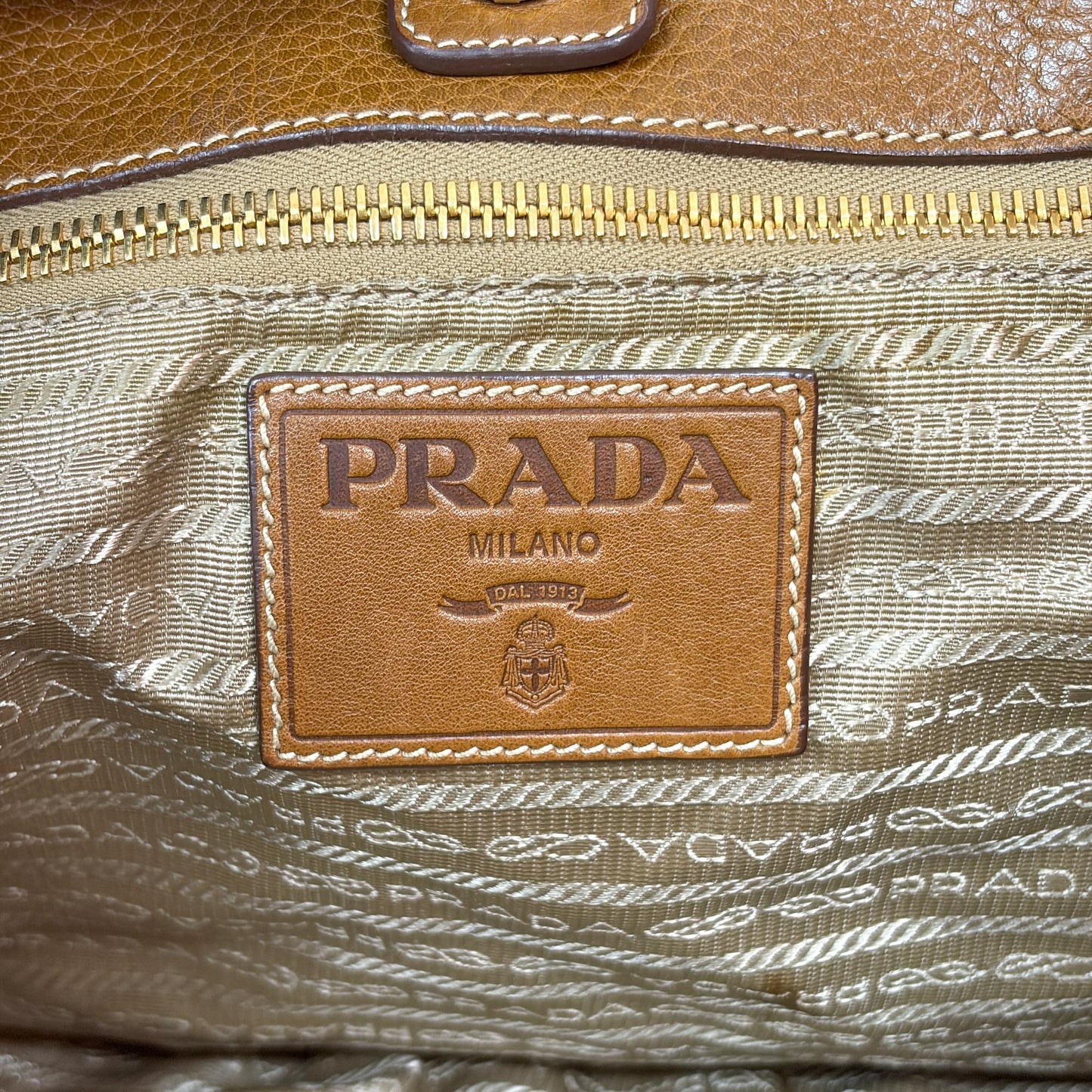 Prada Tessuto Nylon Leather Trimmed Tote Bag Beige Brown