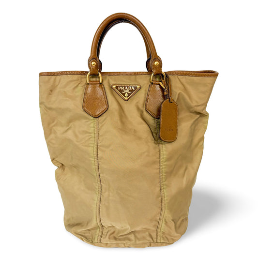 Prada Tessuto Nylon Leather Trimmed Tote Bag Beige Brown