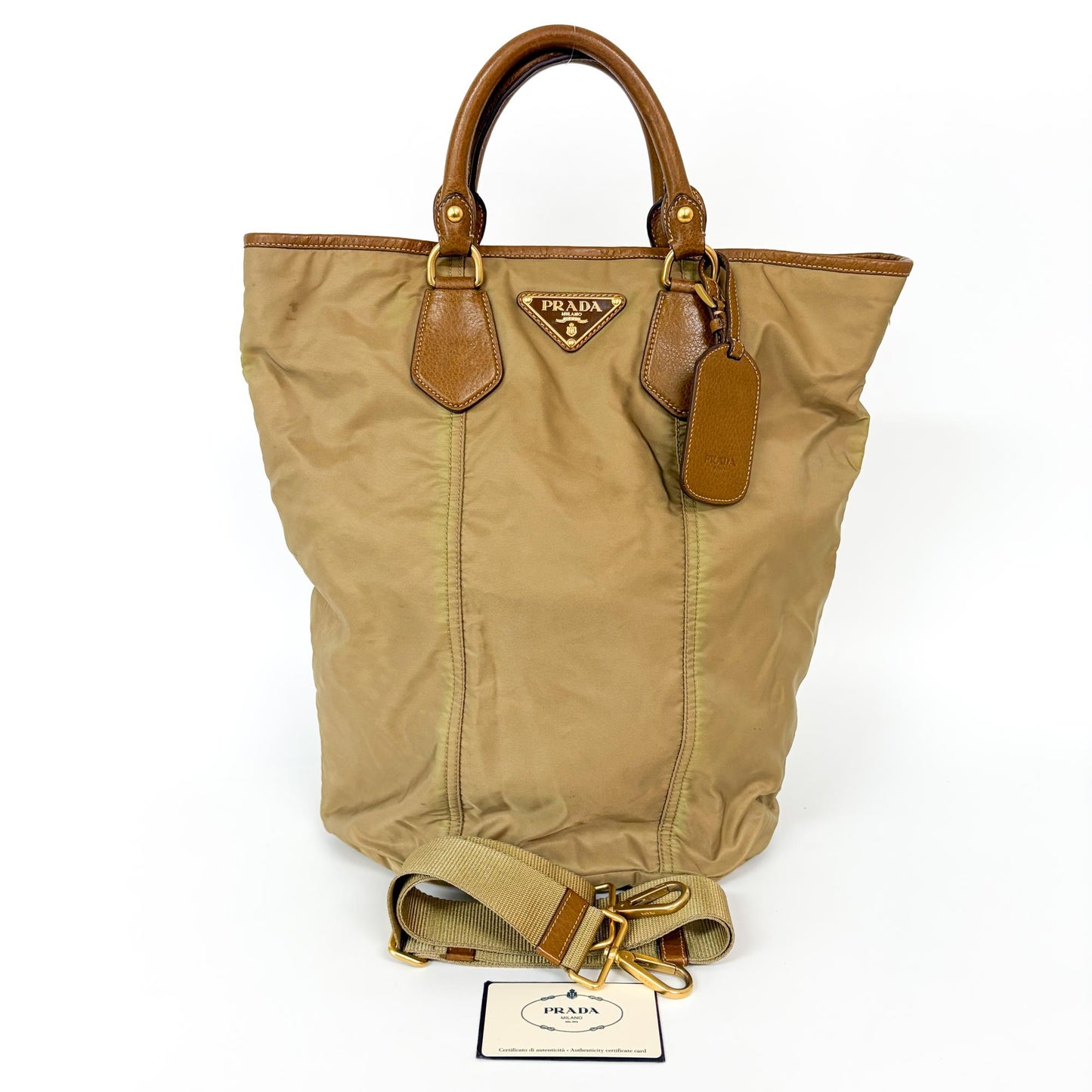 Prada Tessuto Nylon Leather Trimmed Tote Bag Beige Brown