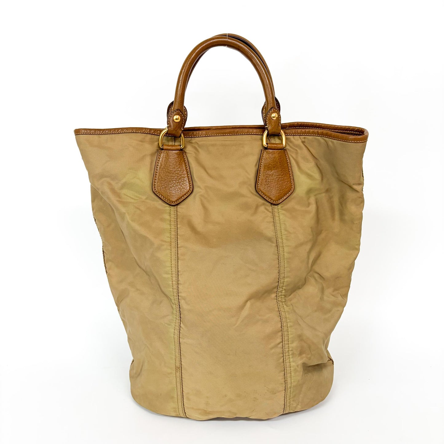 Prada Tessuto Nylon Leather Trimmed Tote Bag Beige Brown