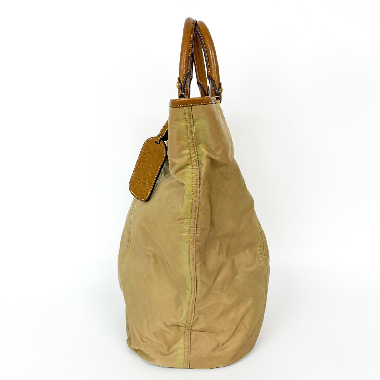 Prada Tessuto Nylon Leather Trimmed Tote Bag Beige Brown