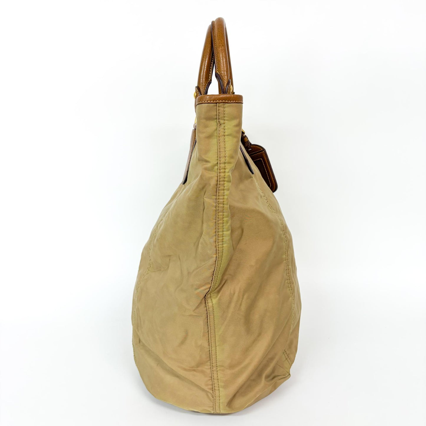 Prada Tessuto Nylon Leather Trimmed Tote Bag Beige Brown