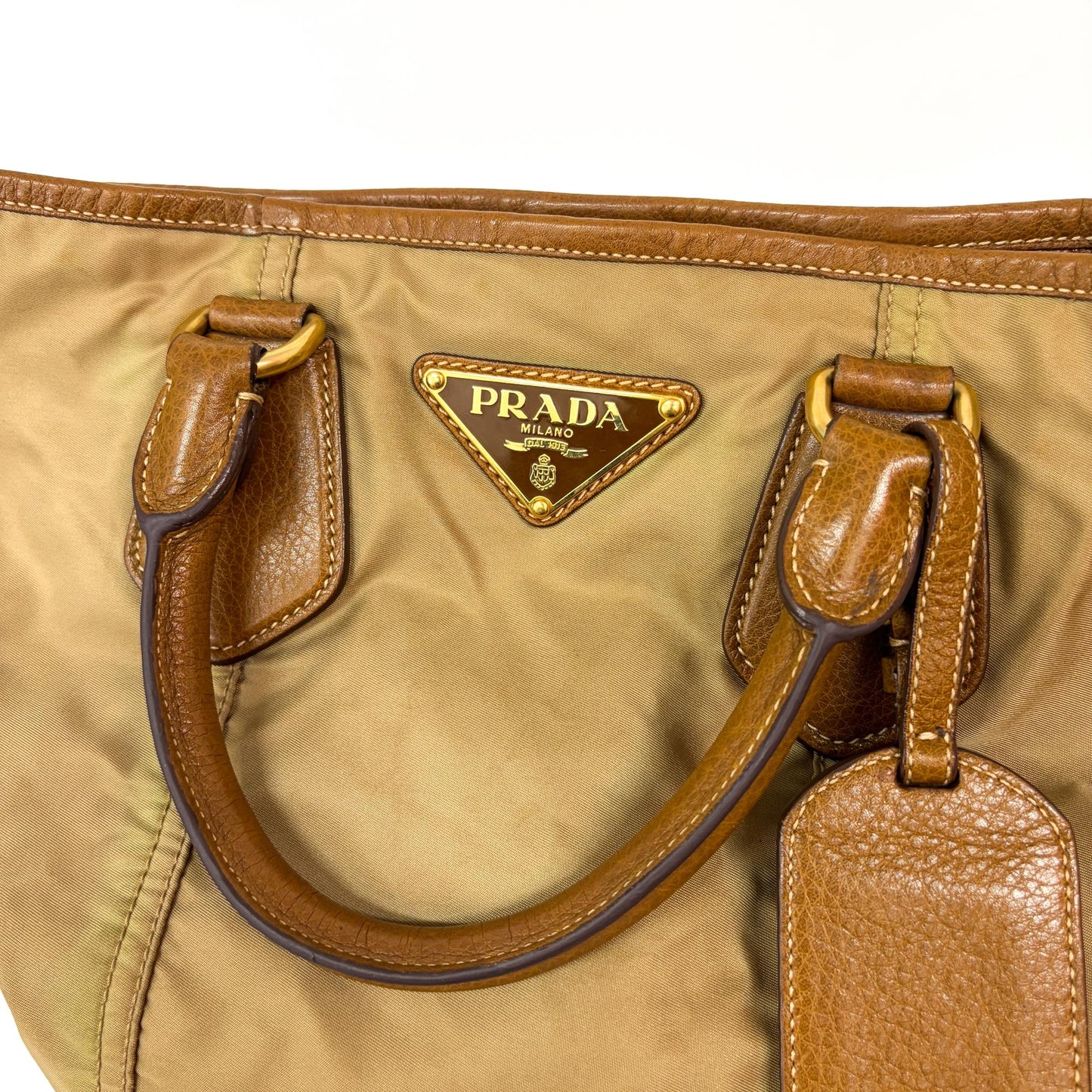 Prada Tessuto Nylon Leather Trimmed Tote Bag Beige Brown