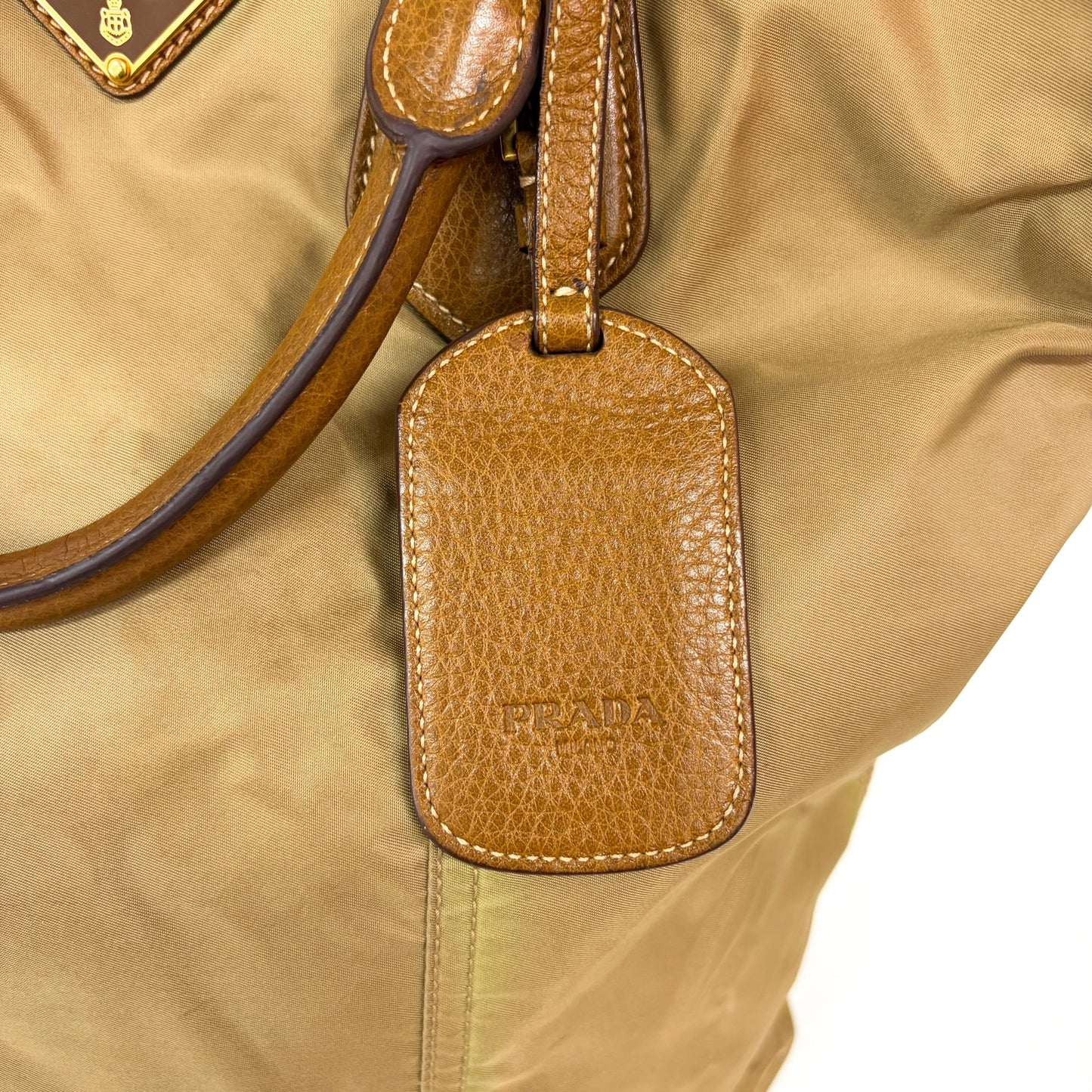 Prada Tessuto Nylon Leather Trimmed Tote Bag Beige Brown