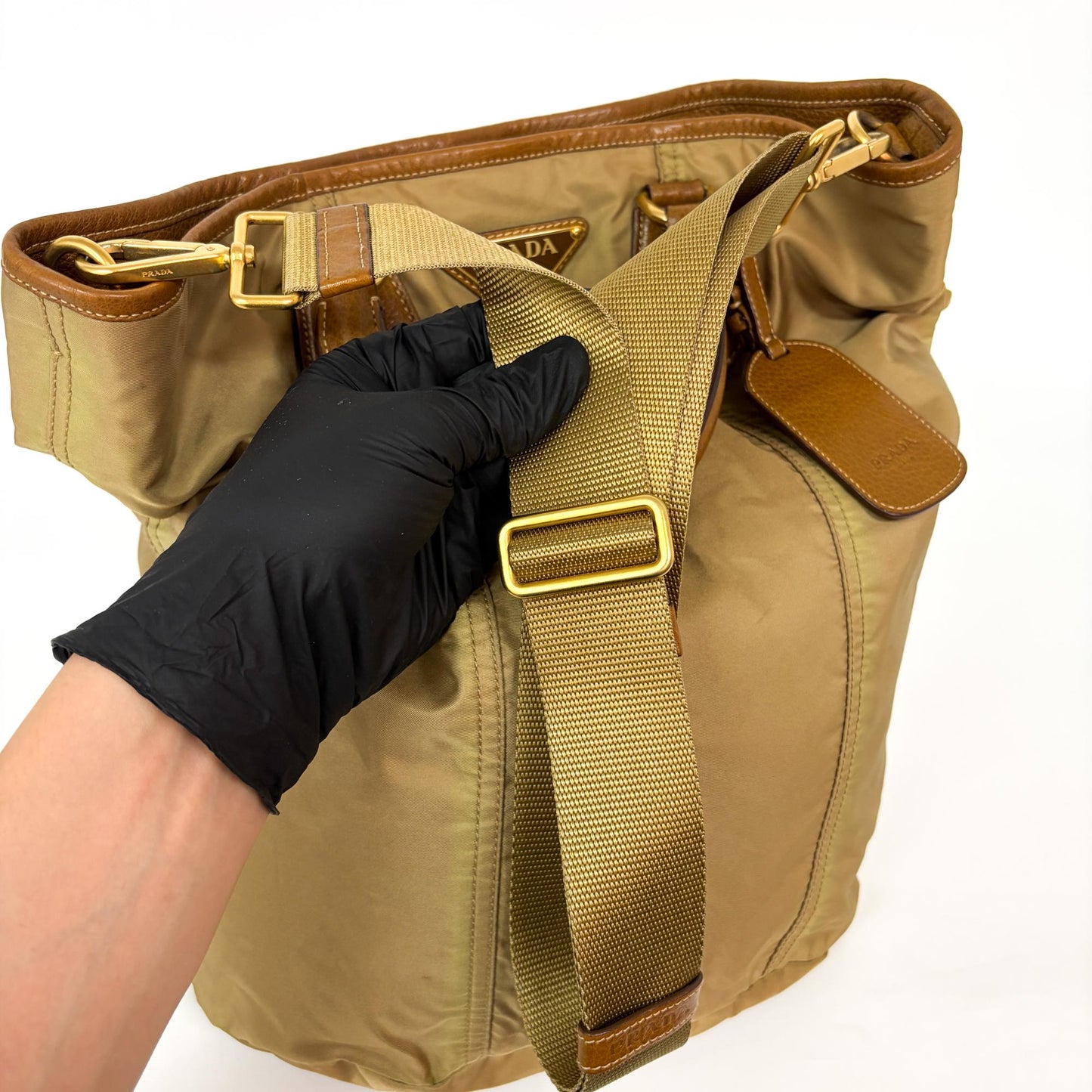 Prada Tessuto Nylon Leather Trimmed Tote Bag Beige Brown